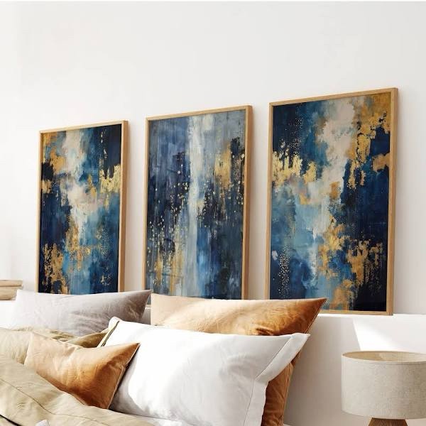 Abstract Blue and Gold Textured Wall Art Canvas, 60x90cm, 3-Piece Set