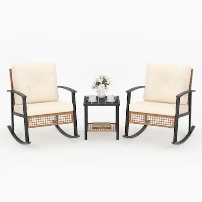 Balcony Rocking Set, Beige Wicker & Beige Cushions, CC096-BEBE