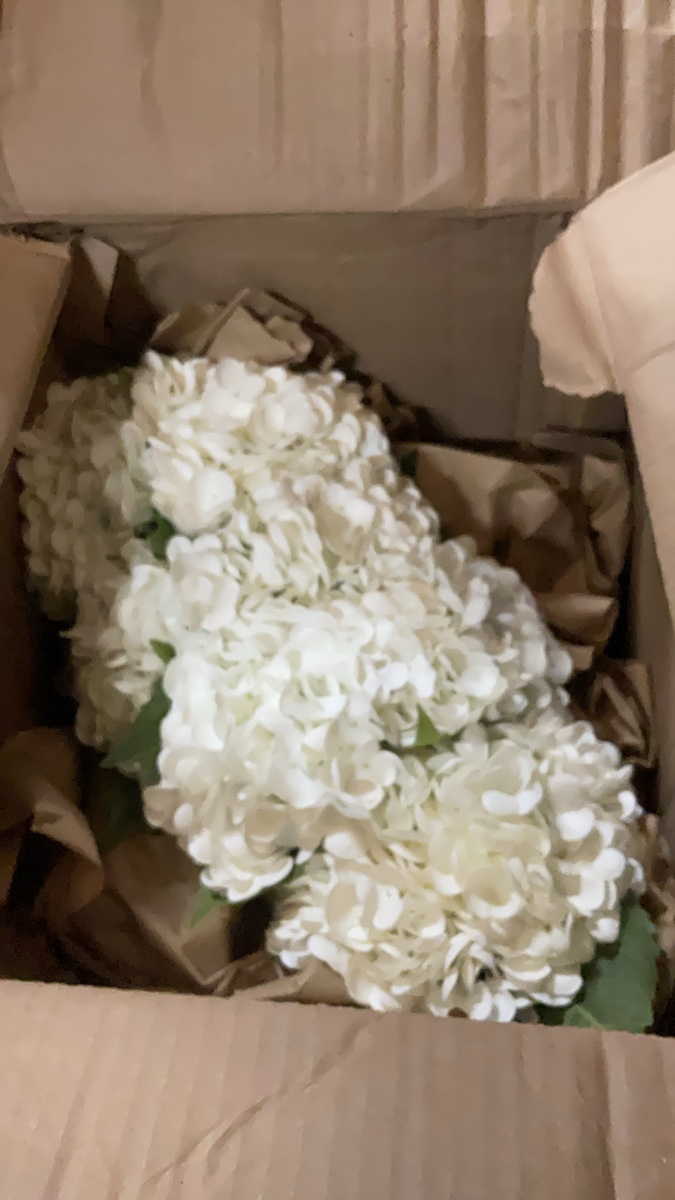 Artificial White Hydrangea Flowers in Cardboard Box