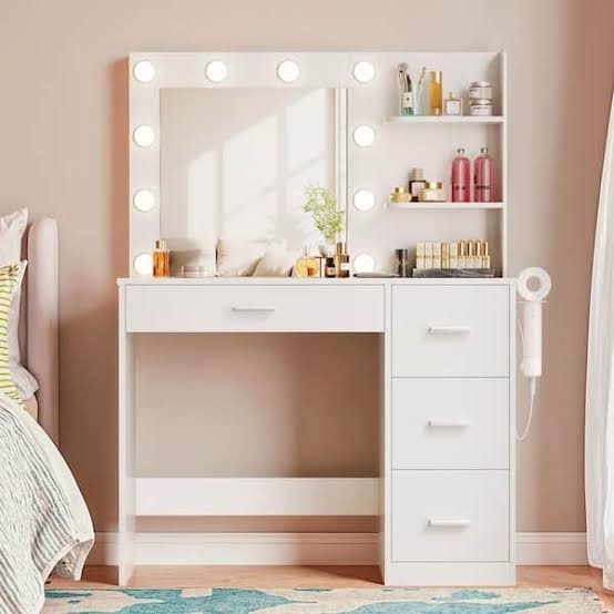 Vanity Desk With Mirror And Chair Bedroom Makeup Table With Storage Drawers Power Outlet