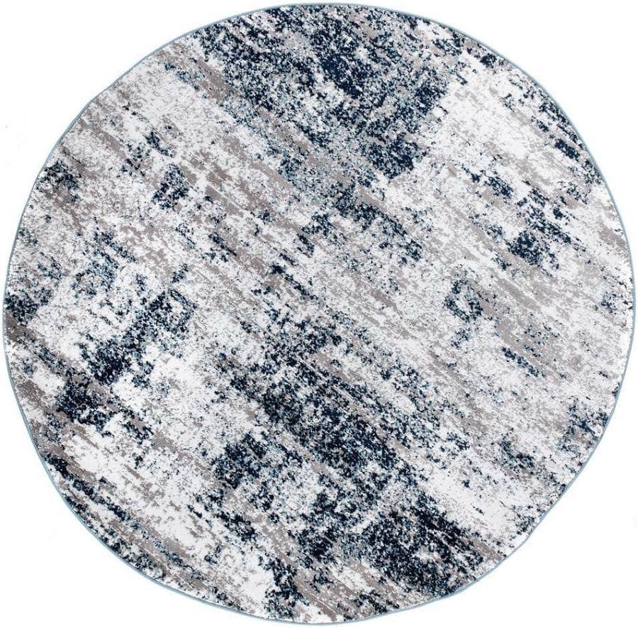 Abstract Distressed Blue and White Round Area Rug 5F diameter