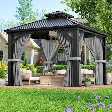 (“Incomplete ”)Heavy-Duty Metal Gazebo with Double-Layer Galvanized Steel Roof, Reinforced Frame, Includes Ground Anchor Base, Mesh Sidewalls and Curtains
