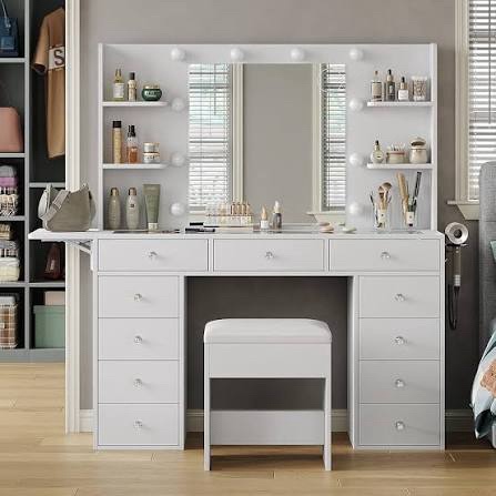 Incomplete Vanity Desk With Mirror And Chair Bedroom Makeup Table With Storage Drawers Power Outlet