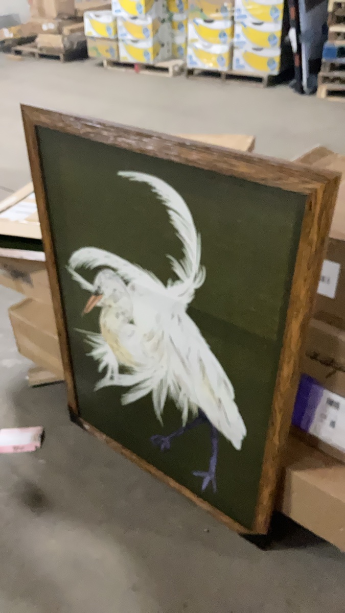 Framed Egret Wall Art Print with Wood Grain Frame
