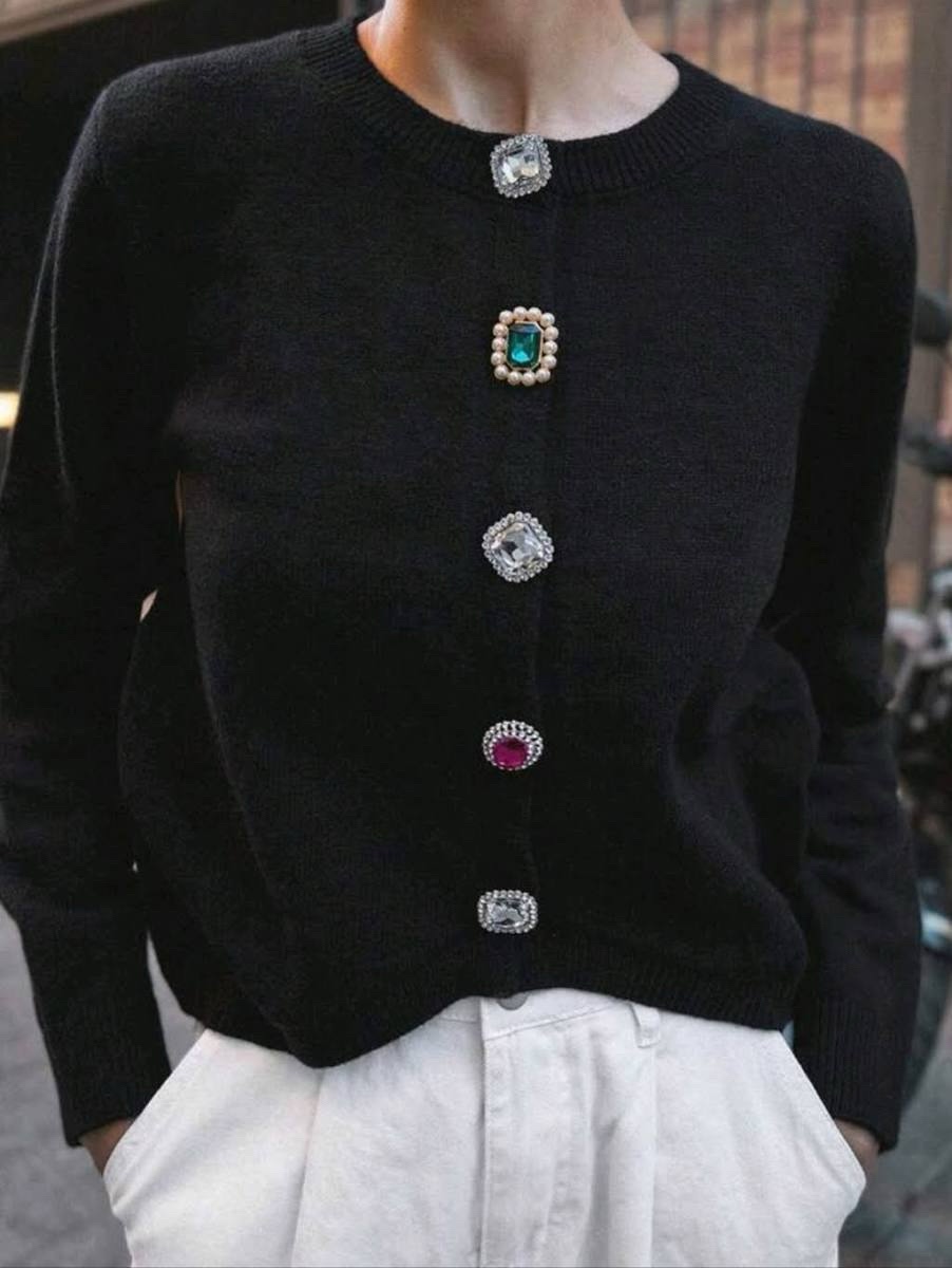 Women's Black Cropped Knit Cardigan with Multi-Colored Gemstone Buttons