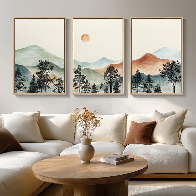 Cuspin Framed Large Mountain Wall Art for Living Room, 3 Piece Boho Watercolor Landscape Artwork, 24x36 Inch