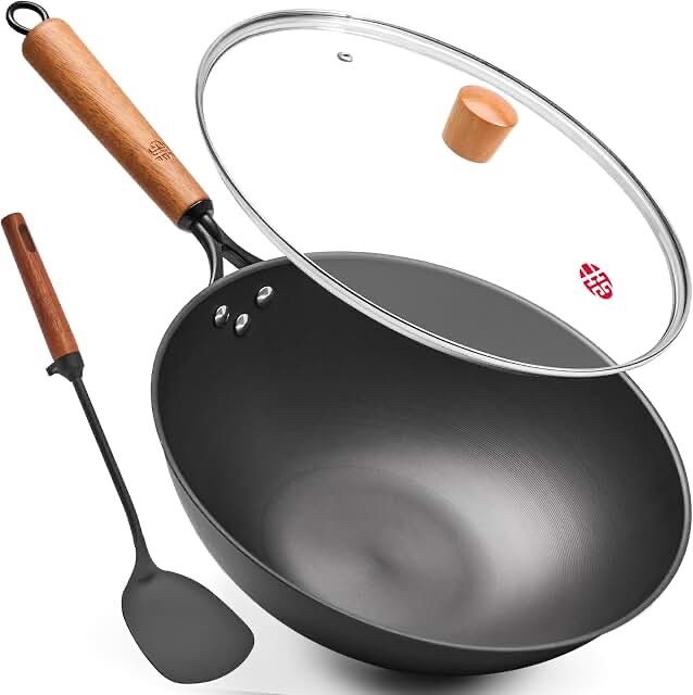 Wang Yuan Ji 11-inch Flat Bottom Carbon Steel Wok with Silicon Glass Lid, Cleaning Cloth, and Brush