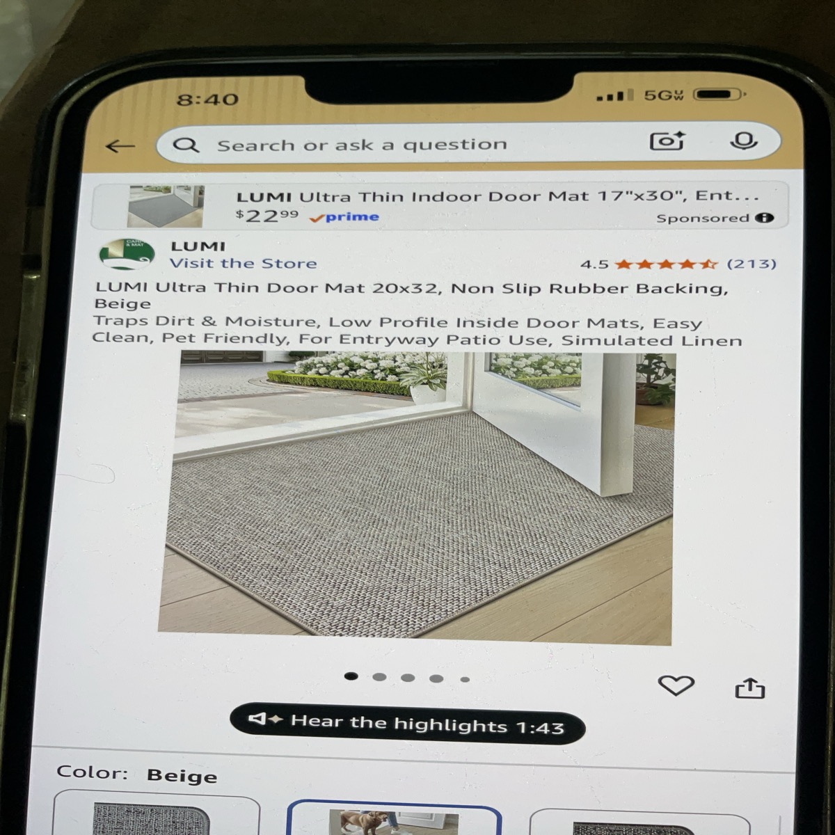 LUMI Ultra Thin Indoor Door Mat 20x32, Non Slip Rubber Backing, Beige