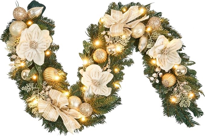 Decorative Gold and White Christmas Garland with Ornaments and Foliage