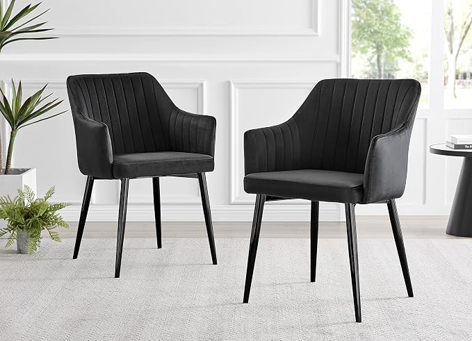 Furniturebox 2x Calla Velvet Dining Chairs with Black Legs - Black
