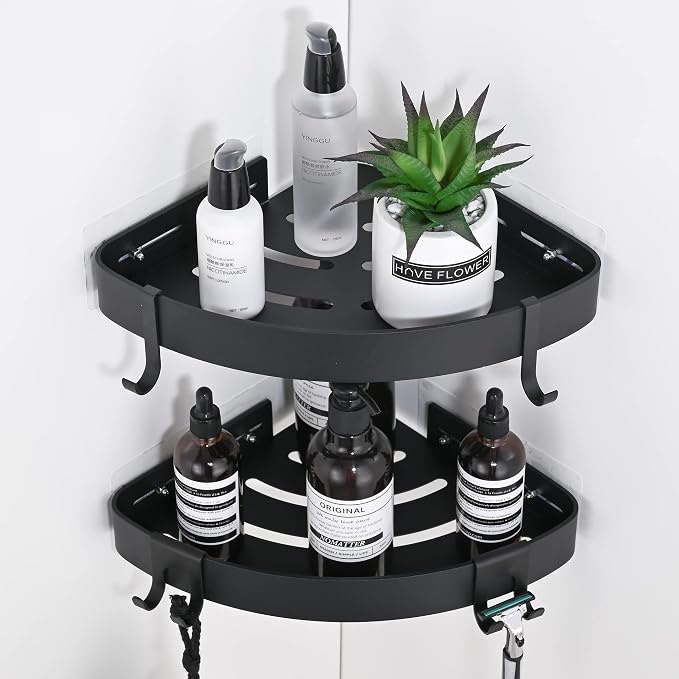 Black Plastic Corner Shower Caddy Shelves (Set of 2)