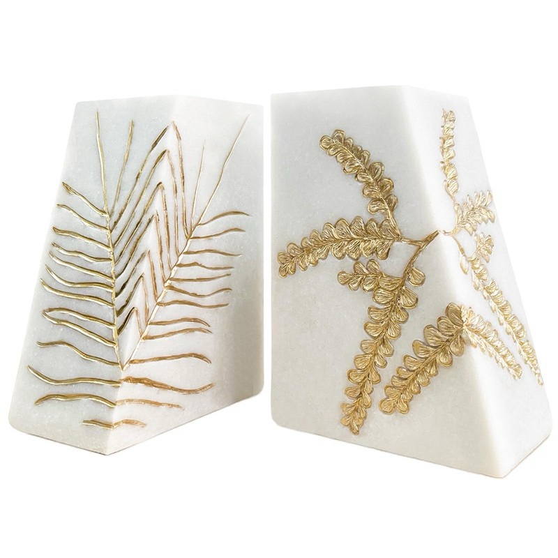 Gusfreud Decorative Marble Bookends with Gold Metal Fern/Leaf Design