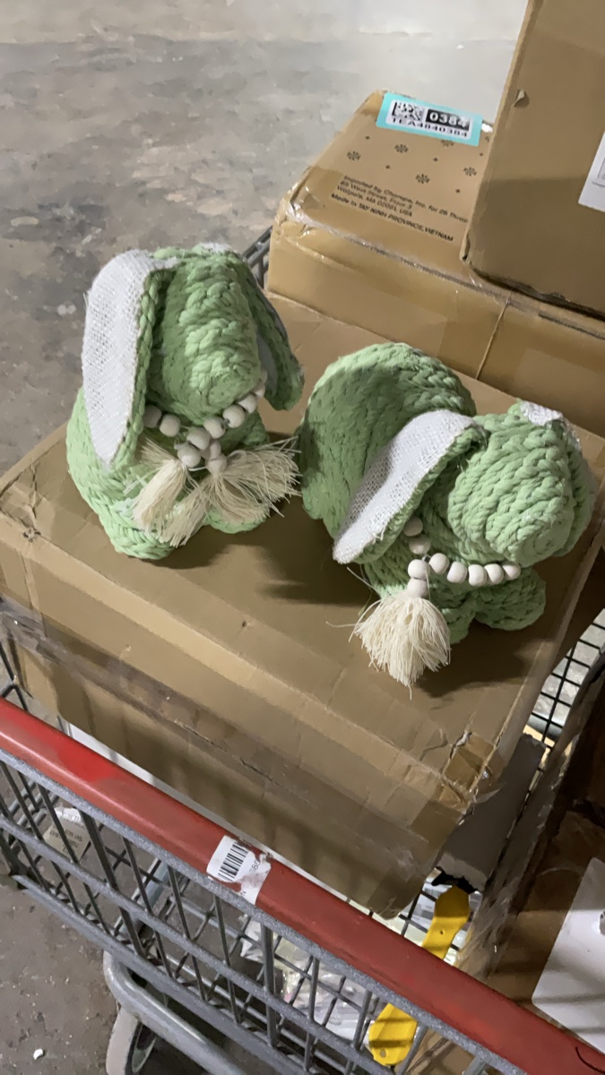 Set of 2 Green Decorative Rope Bunny Figurines with Wood Bead Accents