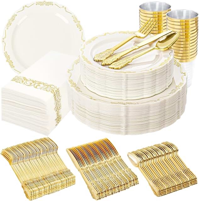 Liacere 350-Piece Disposable Party Tableware Set (Beige Plates, Rolled Napkins, Silverware, and Cups)