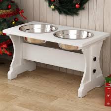 Piskyet Farmhouse Elevated Dog Bowls Stand with 2 Stainless Steel Bowls (3.5 Cups / 30 oz, White)
