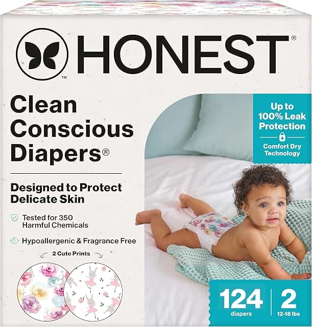 The Honest Company Clean Conscious Diapers, Size 2 (12-18 lbs), 124 Count, Girl Prints