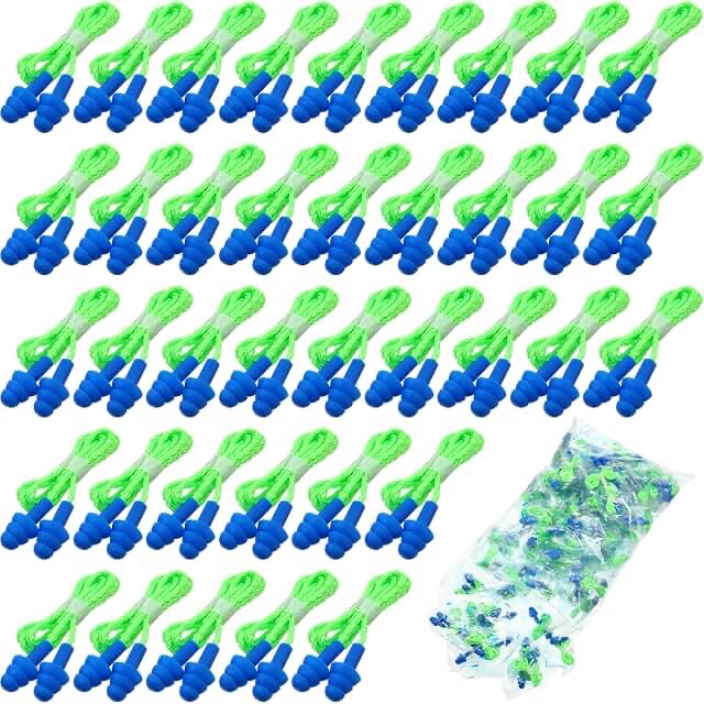 200 pcs Corded Reusable Silicone Earplugs, Blue/Green, Bulk Pack