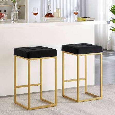 Leatherette Counter Stool, Gold Steel Frame, Vintage Black, 2-Pack