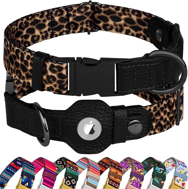 AirTag Dog Collar for Small Neck Fit, Leopard