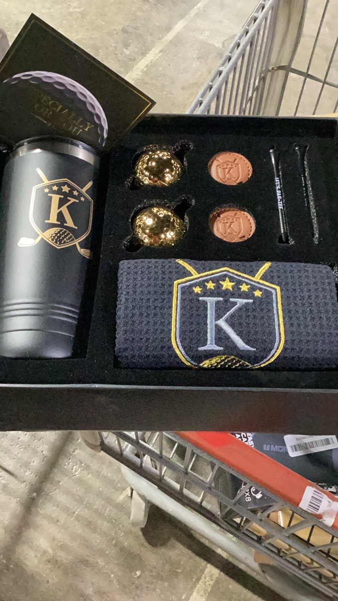 Personalized Golf Themed Gift Set with Tumbler, Golf Balls, Ball Markers, Tees, and Golf Towel - 'K' Monogram