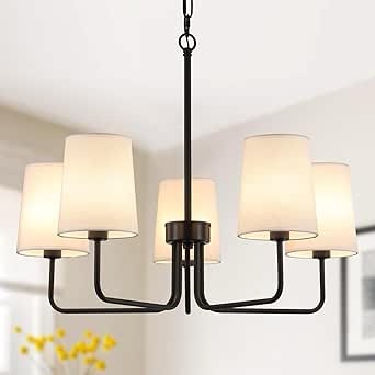 AMZASA Farmhouse Chandelier Black with Fabric Shades