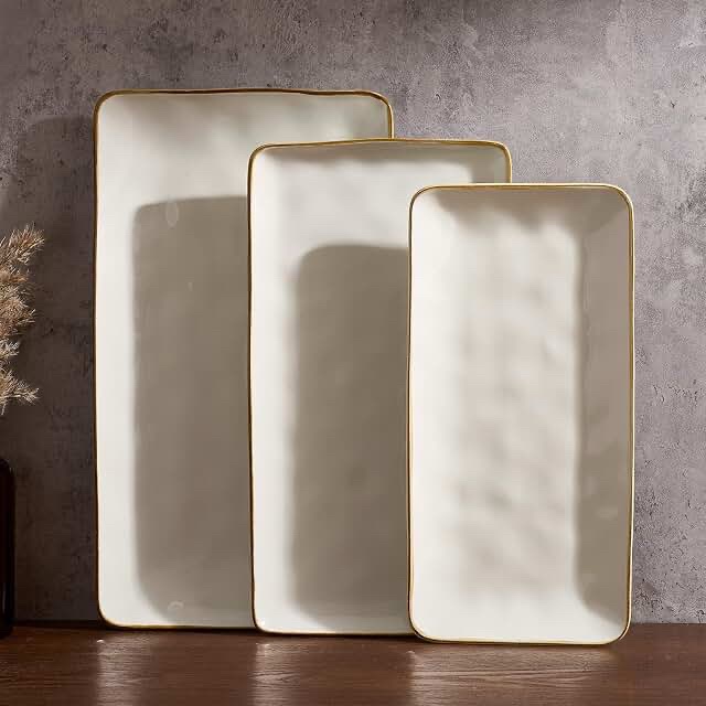 famiware Serving Platter, Rectangular 15.67/14.1/12.6 inch Serving Dishes - Ocean Series, Cappuccino White