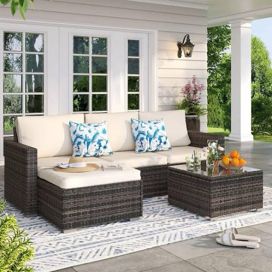 Beige/white cushion wicker patio
