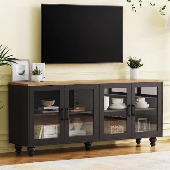 Black Wooden Entertainment Center With Glass Shelves