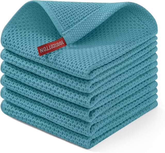 Homaxy 100% Cotton Waffle Weave Kitchen Dish Cloths, 6-Pack, Lake Blue