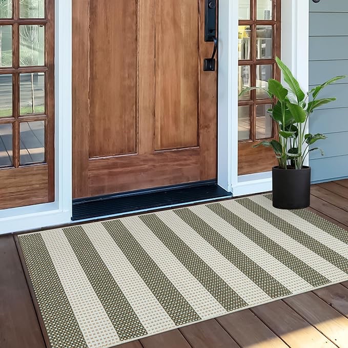 50” 24” Woven Cotton Striped Area Rug - Olive/Cream