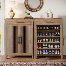 Flat-pack Wooden Shoe Cabinet with Slatted Doors