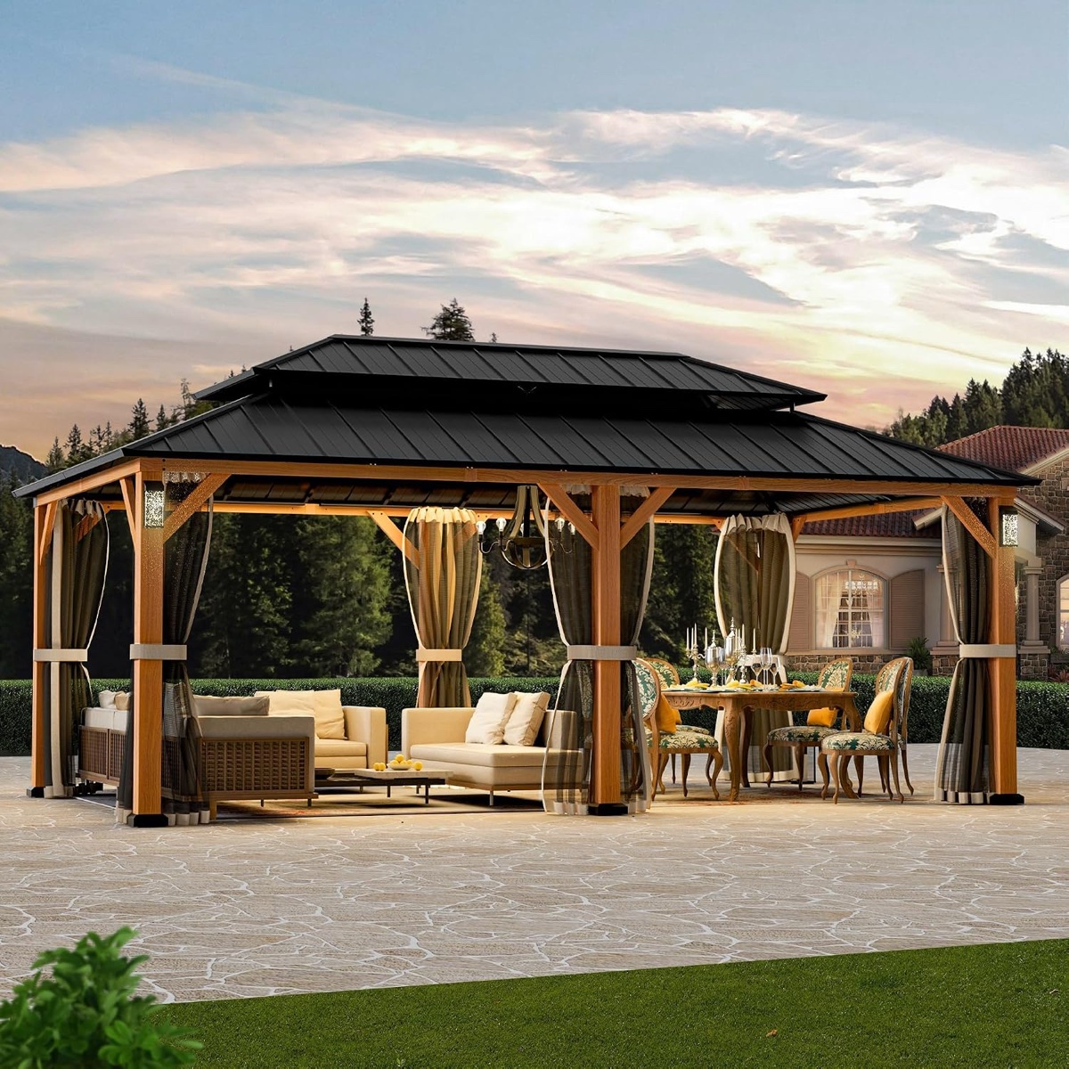 Amazon.com : Modern Shade Hardtop Gazebo 12x20 with 4 LED Lights for Patio, Wood Grain | Hard Top Gazebo with Galvanized Steel Double Roof, All-Weather Metal Gazebo with Sturdy Hooks, Mosquito Net for Patio, Garden : Patio, Lawn & Garden