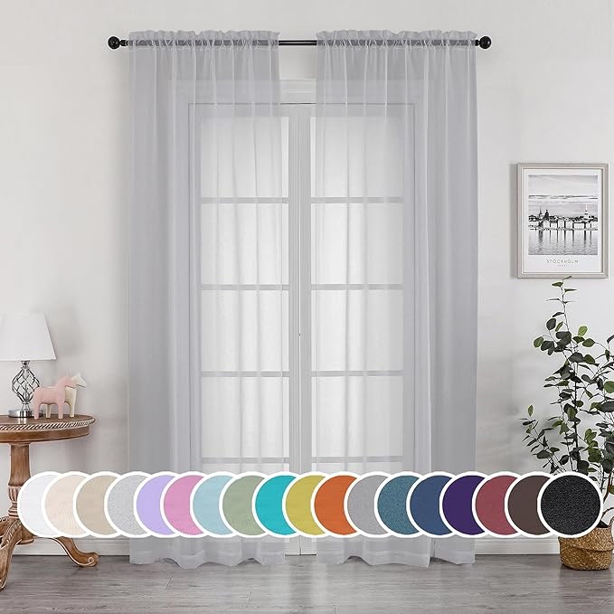 OWENIE Voile Sheer Curtains Set of 2, Light Grey