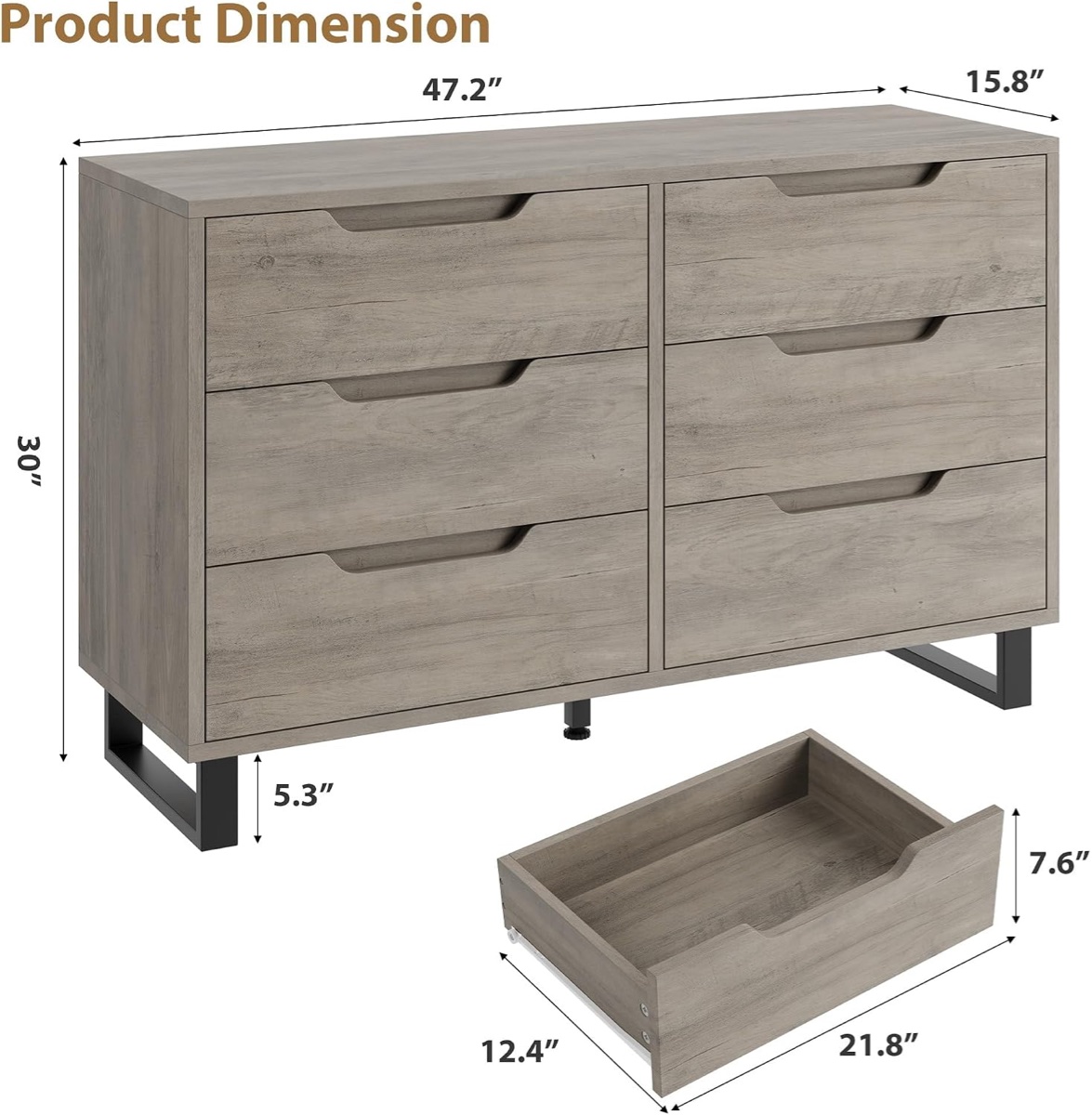 GARVEE 6 Drawer Dresser, Grey