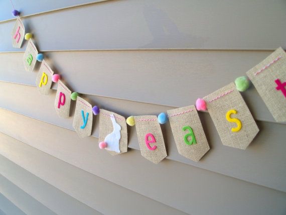 (Three letters broken off)Burlap Happy Easter Banner with Felt Letters and Pom Poms