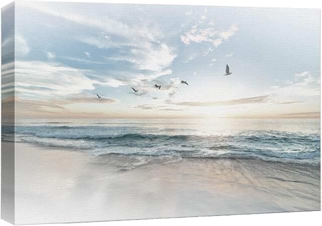Large Coastal Landscape Canvas Wall Art - Beach and Birds Scene
