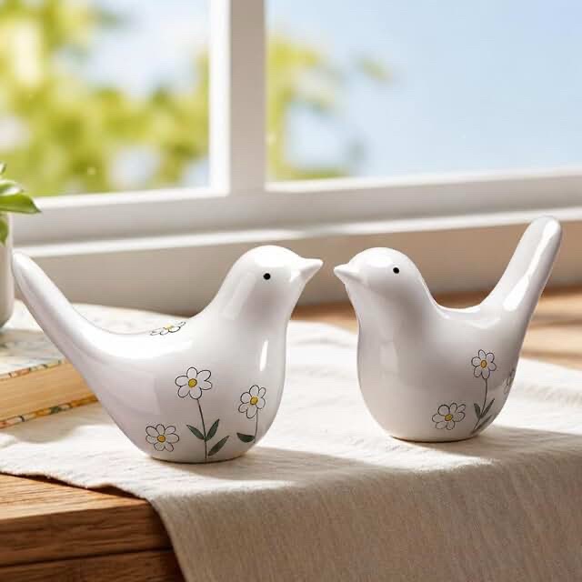 Ceramic Decorative Bird Figurines with Daisy Print, Set of 2