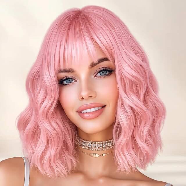YUMTARO Pastel Wavy Bob Wig, Pink, 14 Inch
