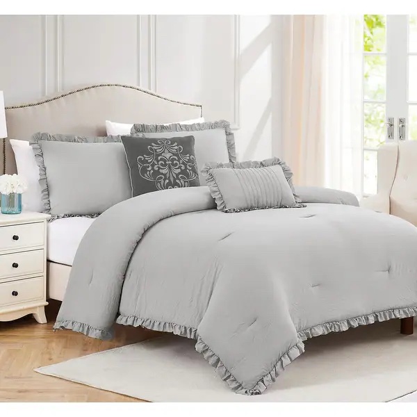 Portland Olivia Gray 5PC Pre Washed Ruffled Comforter Set, Queen