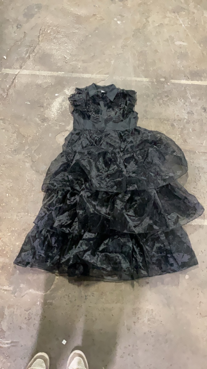 Black Ruffled Tulle Collared Dress, Size M