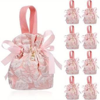 Pink Floral Embossed Fabric Favor Bags with Ribbon Ties