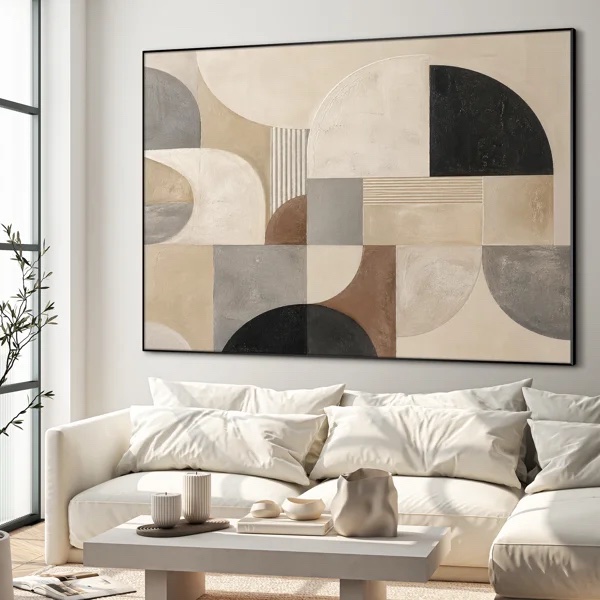 Extra Large Wall Art Fabric Print - Beige Geometric Arch Pattern Modern Living Room Decor - "Frame Assembly Required (Unfinished Frame)"