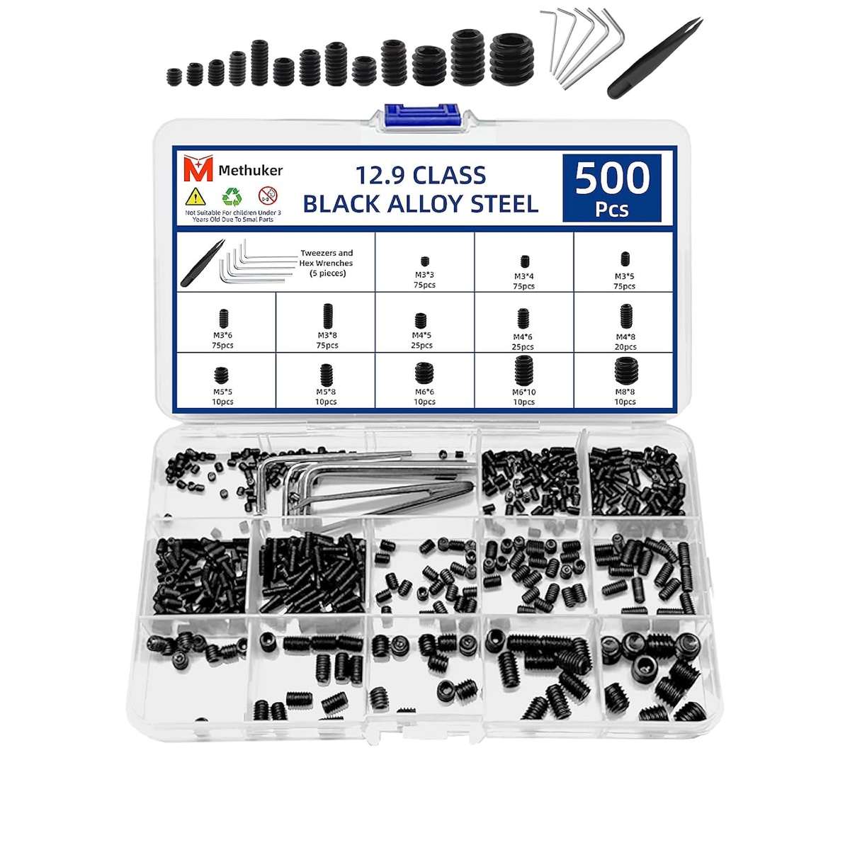 Methuker 12.9 Class Black Alloy Steel Set Screw Assortment - 500 Pieces