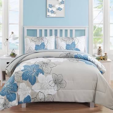 Luxudecor Floral Comforter Set, Twin Size, 6-Piece Bed in a Bag, Blue