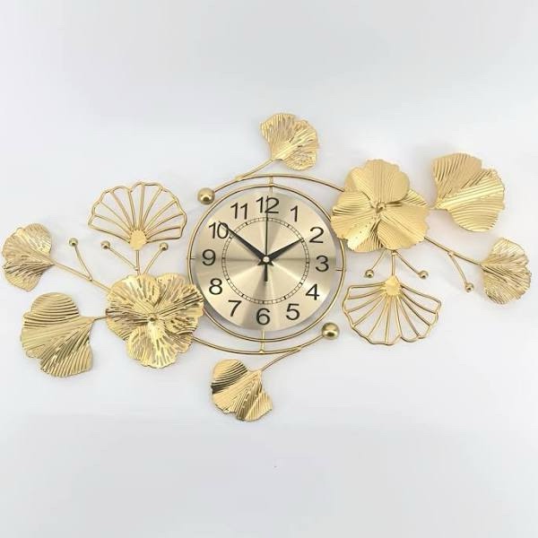 Decorative Metal Wall Clock with Ginko and Flower Accents