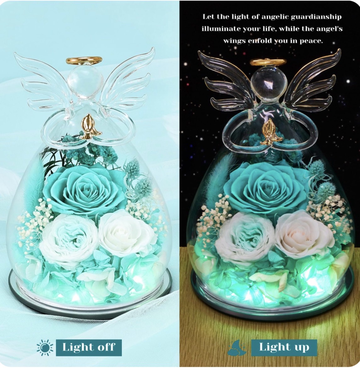 Angel Rose Preserved Flower with LED Light in Glass Dome