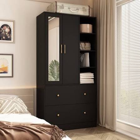 Wardrobe Closet With Drawers And Mirror, Armoire With Hanging Rod For Bedroom Black A