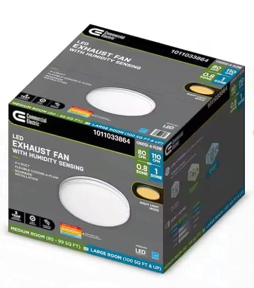 Commercial Electric LED Exhaust Fan with Humidity Sensing and Choose-A-Flow