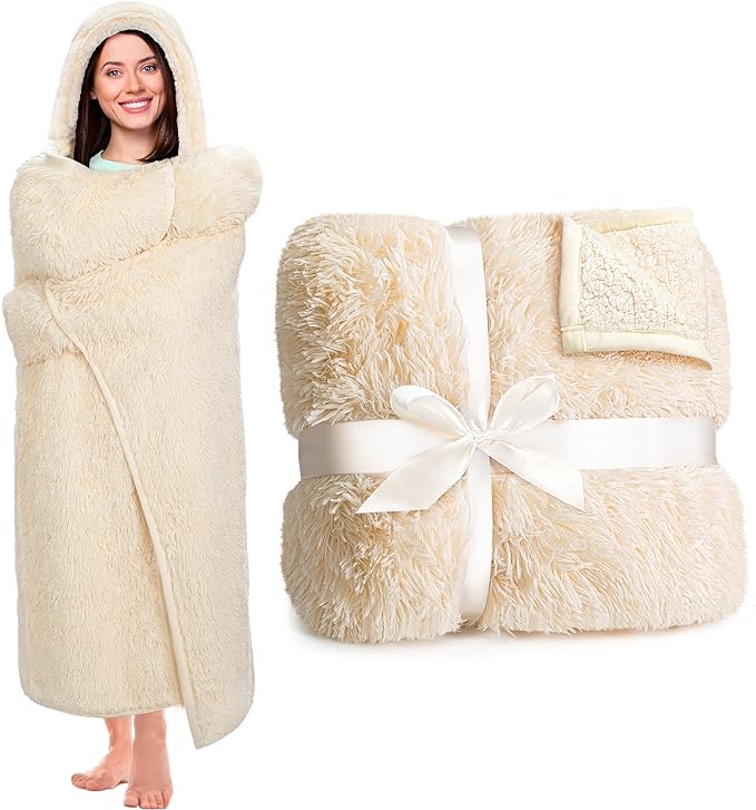 Textured Faux Fur Throw Blanket, Cream/Ivory