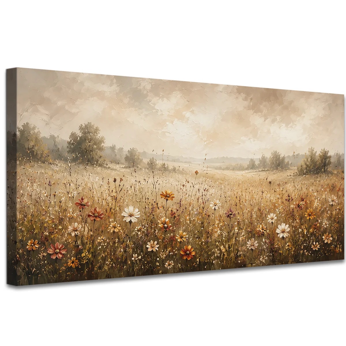 Vintage Flower Meadow Landscape Canvas Wall Art, Wildflower Field Wall Decor for Living Room or Bedroom, Farmhouse Country Landscape Artwork, Gallery Wrapped, Ready to Hang, (30"x60")